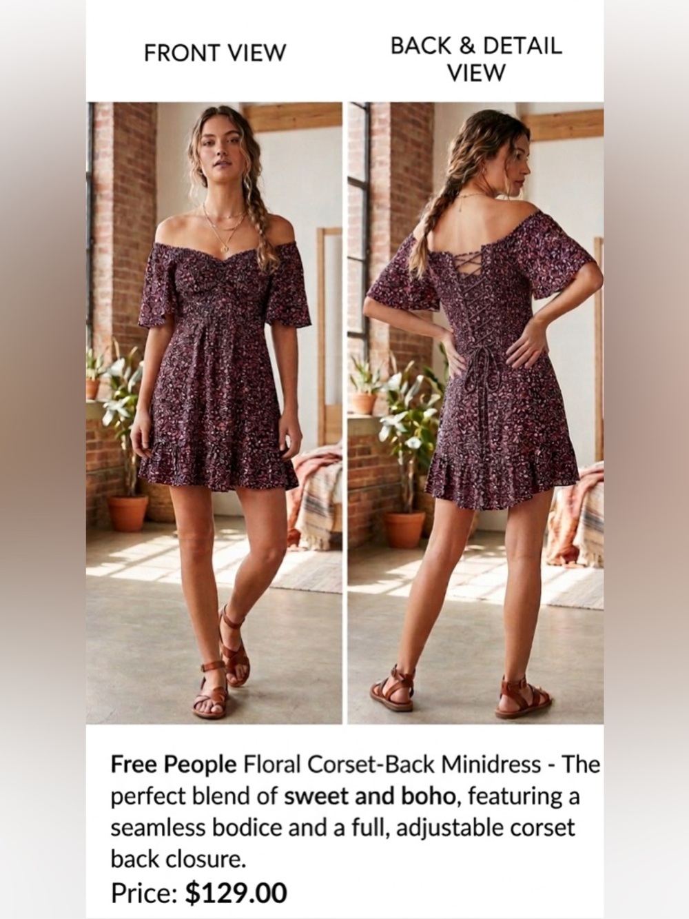 074-Free People Black Mini Dress with Pink Floral Pattern